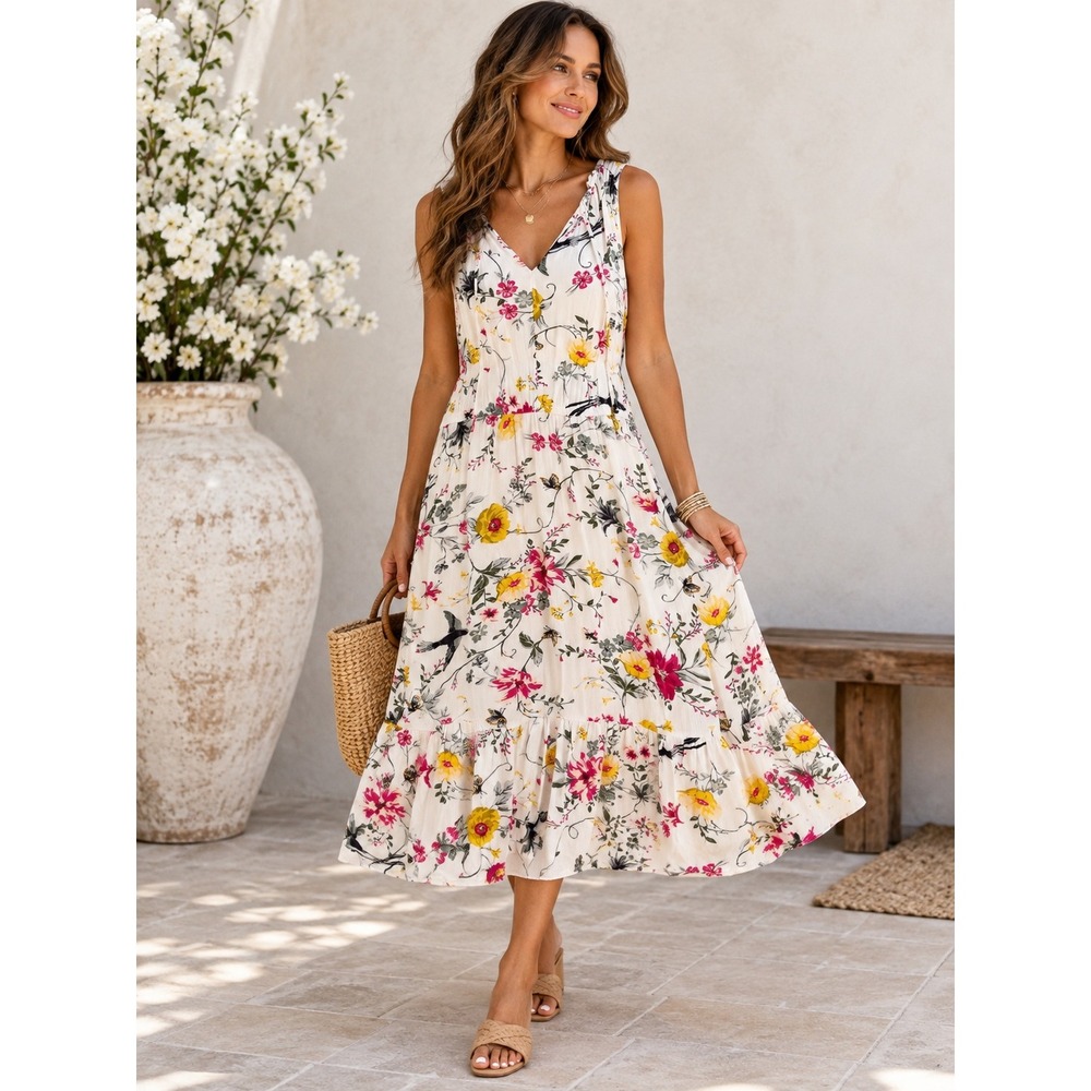 Old Navy Dress Womens L Floral Bird Rayon Tiered Midi Maxi Boho Cottagecore